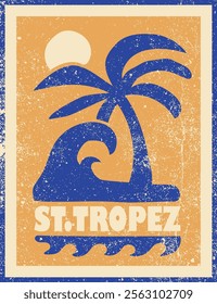 Vintage summer beach palm tree sea waves illustration with retro typography slogan print for graphic tee t shirt or poster sticker - Vector