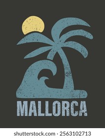 Vintage summer beach palm tree sea waves illustration with retro typography slogan print for graphic tee t shirt or poster sticker - Vector