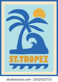 Vintage summer beach palm tree sea waves illustration with retro typography slogan print for graphic tee t shirt or poster sticker - Vector