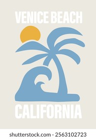 Vintage summer beach palm tree sea waves illustration with retro typography slogan print for graphic tee t shirt or poster sticker - Vector