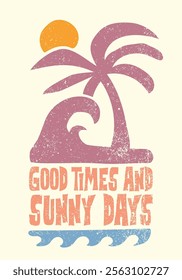 Vintage summer beach palm tree sea waves illustration with retro typography slogan print for graphic tee t shirt or poster sticker - Vector