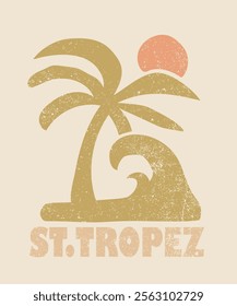 Vintage summer beach palm tree sea waves illustration with retro typography slogan print for graphic tee t shirt or poster sticker - Vector