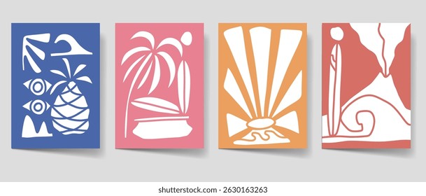Vintage summer beach poster set. Paradise bohemian illustration style for print, wall art. Minimalist boho illustration vector collection. Retro summer cover bundle. 