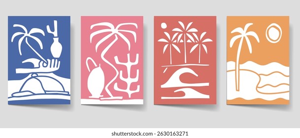 Vintage summer beach poster set. Tropical paradise bohemian illustration style for print, wall art. Minimalist boho illustration vector collection. Retro summer cover bundle. 