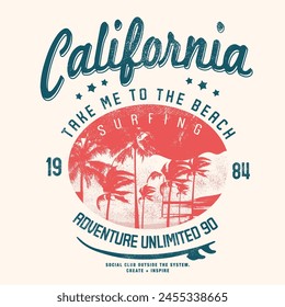 Vintage summer Beach Retro Text Print for California surfing beach print , typography slogan text vector , palm tree beach resort, summer t shirt screen print, college text for beach vibes 