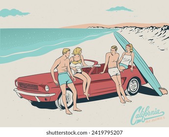 vintage summer beach road trip, California retro vintage summer vacation vector illustration, surfing beach design for t shirt, poster, graphic print, vintage car with friends