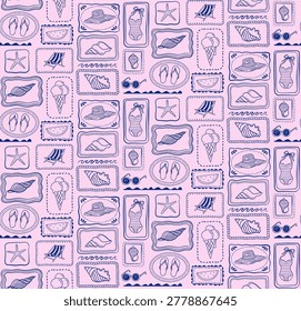 Vintage summer beach seamless pattern with framed doodle elements. Stickers and badges collection featuring seashells, swimsuit, flip flops, beach hat, ice cream, deck chair, starfish and watermelon