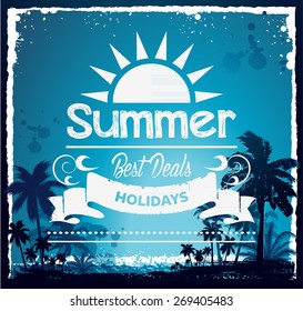 Vintage summer beach typography design with labels, icons elements