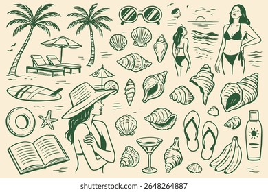 Vintage summer beach vacation icons with woman palm trees and seashells vector illustration