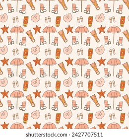 Vintage summer beach vibes item seamless pattern. Beach bed and umbrella, shell, diving fins, starfish, sunscreen, flip flops wallpaper background