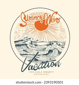 Vintage summer beach waves hand drawn outline sketch retro color theme, vector t-shirt design. Hawaii beach t-shirt vector design. Wave surfing artwork for apparel, sticker, batch, background, poster 