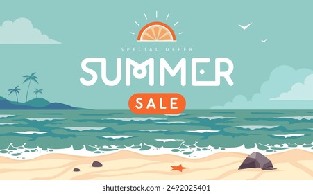 Vintage summer big sale banner or poster with tropical landscape, ocean waves, sand beach and palm trees. Vector illustration