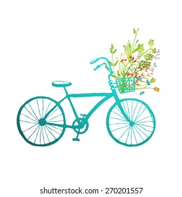 Vintage Summer Bike with Bunch of Flowers Card. Summer blue bicycle with a basket full of plants illustration. Vector EPS10.