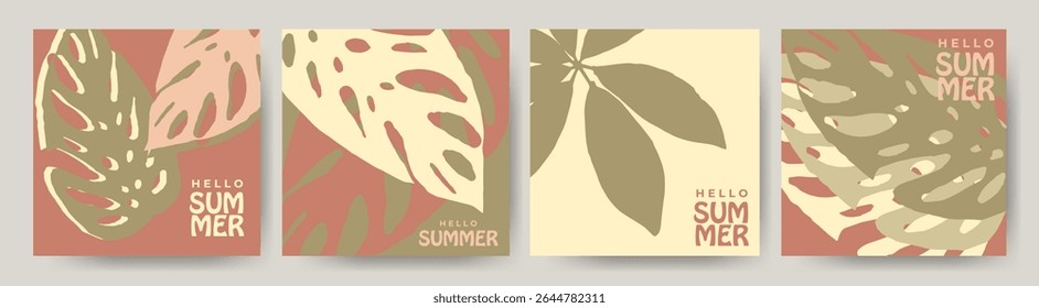 Vintage summer botanical posters set with abstract tropical leaves and textured background. Retro-inspired design collection for seasonal decor, prints, ads, invitations, or branding.