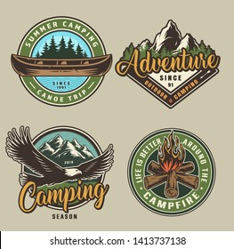 Vintage Summer Camping Colorful Prints With Canoe Flying Eagle Campfire Forest And Mountains Scenery Isolated Vector Illustration