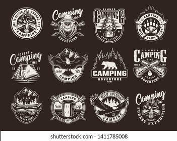 Vintage summer camping logos with bears flying eagle bonfire tent canoe paddle metal cup gas lantern crossed arrows flashlights marshmallow on sticks isolated vector illustration