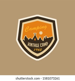Vintage summer camping outdoor adventure and mountain badge logo, emblem, label design