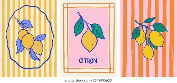 Vintage summer card and poster backgrounds with lemon illustrations and Mediterranean seamless pattern. Vector blue and yellow prints, labels and packaging designs in Italian La Dolce Vita style.