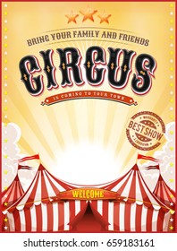 Vintage Summer Circus Poster With Big Top/
Illustration of a retro vintage circus background, with summer yellow sky, marquee, big top, titles and grunge texture