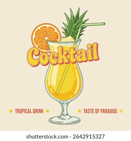 Vintage Summer Cocktail T shirt Design. Negroni cocktail Vintage vector with ice and slice of orange for cocktail bar or drink summer party.