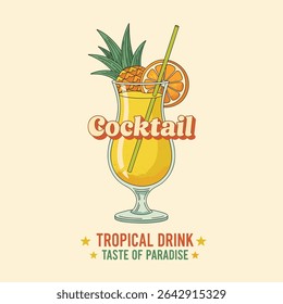 Vintage Summer Cocktail T shirt Design. Negroni cocktail Vintage vector with ice and slice of orange for cocktail bar or drink summer party.