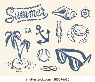 Vintage Summer Collection Of Nautical Icons, Symbols And Illustrations