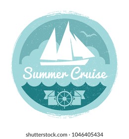 Vintage summer cruise label design with yacht on white background. Vector illustration