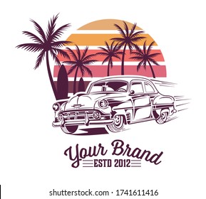 Vintage Summer Design With Vintage Car. Vector Layered