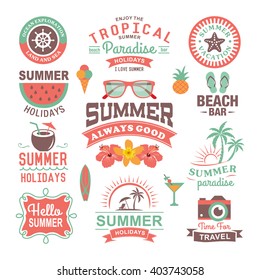 Vintage summer design and typography design with labels, posters, icons, logos, element set.