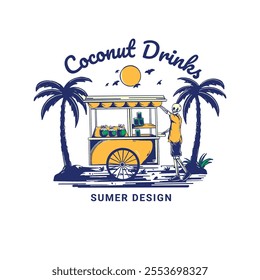 vintage summer drink carts and skulls. surfing illustration 
