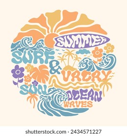 Vintage summer elements illustration print with retro typography slogan texts and symbols for graphic tee t shirt or sticker poster - Vector