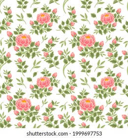 Vintage summer floral seamless pattern of peach peony bouquet, flower buds and leaf branch illustration arrangements for fabric, textile, women fashion, gift paper, feminine and beauty products