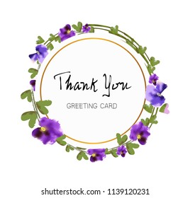 Vintage summer flower greeting card with purple watercolor style flowers on a white background. Use as a greeting card.