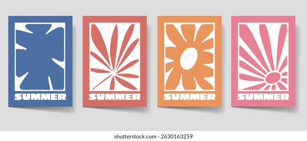 Vintage summer flowers poster set. Paradise beach bohemian illustration style for print, wall art. Minimalist boho illustration vector collection. Retro summer cover bundle. 