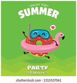 Vintage summer food poster design with vector donuts & pink flamingo pool float characters.