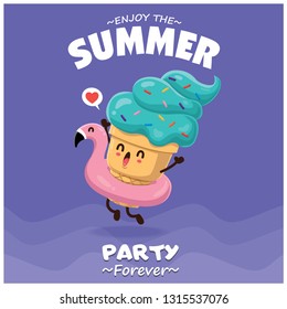 Vintage Summer Food Poster Design With Vector Ice Cream & Pink Flamingo Pool Float Characters.