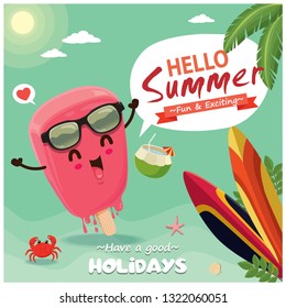 Vintage summer food poster design with vector ice cream & surfboard characters.