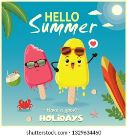 Vintage summer food poster design with vector ice cream & surfboard characters.