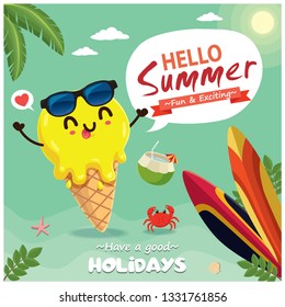 Vintage summer food poster design with vector ice cream & surfboard characters.