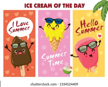 Vintage summer food poster design with vector ice cream characters.