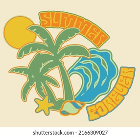 Vintage summer forever slogan print with palm trees sun ocean waves and sun illustration for graphic tee t shirt or poster sticker - Vector