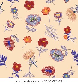 Vintage Summer fresh Seamless pattern Vector Embroidery trend floral with branch of tropical bloomong flowers.For fashion,fabirc and all prints on nude pink background