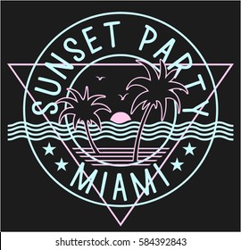 Vintage Summer Graphic With Palm Trees.Lettering 'Sunset Party Miami. Sunset Illustration. Vector Illustration. Apparel Print