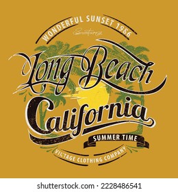 vintage summer graphics for long beach, Palms, beach, big waves and sun simple minimal illustration with Big Wave South Beach co. Miami, Florida slogan print design 