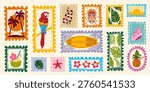 Vintage summer hand drawn postage stamps with tropical beach elements, postcard frames, vector sticker illustrations. Exotic vacation motifs, retro travel design and coastal prints with palm, parrot