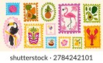 Vintage summer hand drawn postage stamps with tropical beach elements, postcard frames, vector sticker illustrations. Exotic vacation motifs, retro travel design and coastal prints.