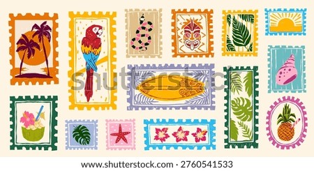 Vintage summer hand drawn postage stamps with tropical beach elements, postcard frames, vector sticker illustrations. Exotic vacation motifs, retro travel design and coastal prints with palm, parrot