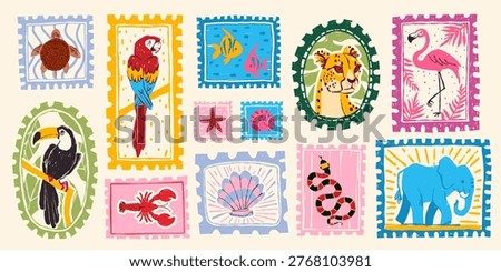 Vintage summer hand drawn postage stamps with tropical beach elements, postcard frames,vector sticker illustrations. Exotic vacation motifs with flamingo, retro travel designs and coastal prints.