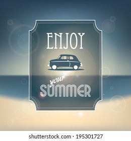 Vintage summer holiday concept card with a symbol of car travel. Eps10 vector illustration.