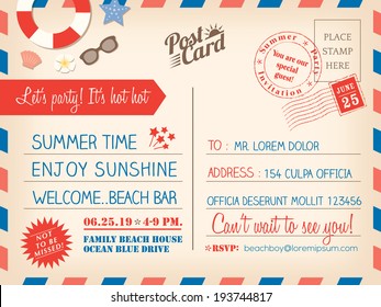 Vintage summer holiday postcard background vector template for invitation card